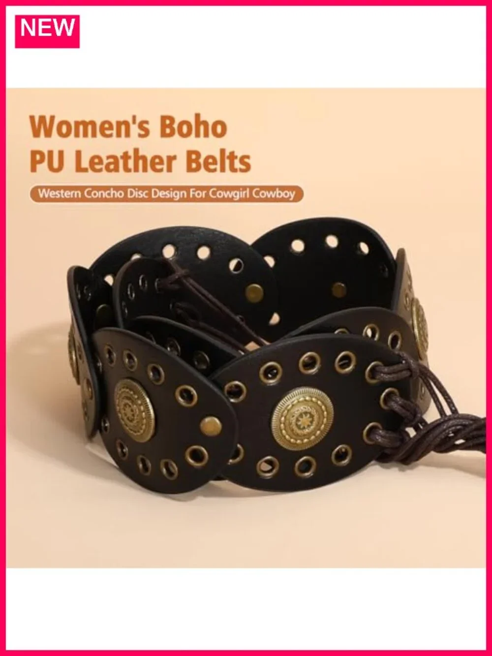 Womens Boho Disc Belt Concho Western Cowgirl Faux Leather Wide Vintage Waist